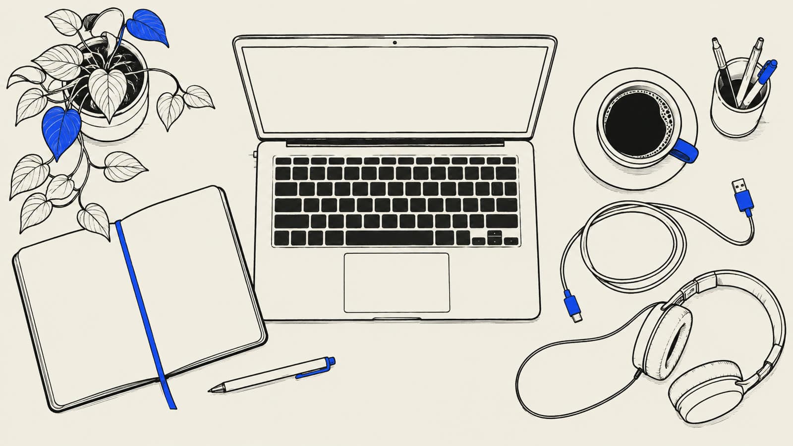 Overhead sketch of a developer workbench: laptop, notebook, coffee and cables